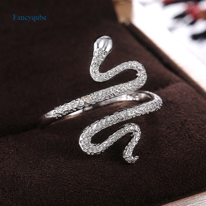 Fancyqube Cincin Model Terbuka Desain Hewan Ular Warna Hitam Silver Bahan Logam Dapat Disesuaikan Untuk Pria Dan Wanita