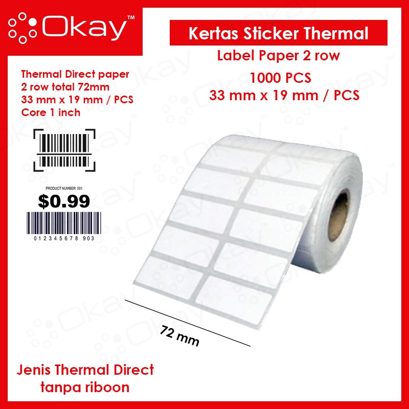 

KERTAS LABEL STICKER 2 line 33x19 mm 1000 pcs printer Label barcode