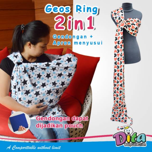 Geos Ring 2in1 gendongan Kaos ringsling dan APron menyusui geos spandek premium Motif babysling