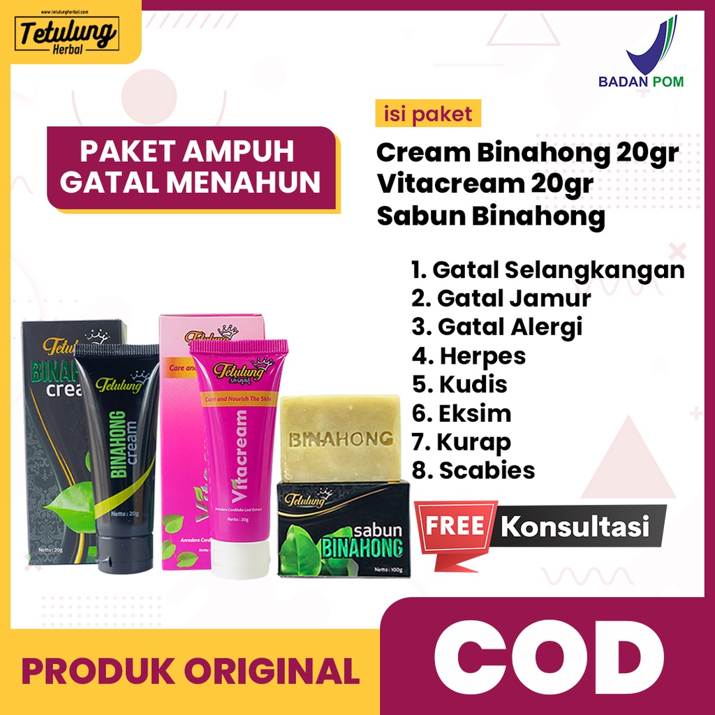 Salep Obat Gatal Kulit Jamur Selangkangan dan Seluruh Badan Paling Ampuh (Vitacream 20g, Cream Binahong 20g, Sabun Binahong)