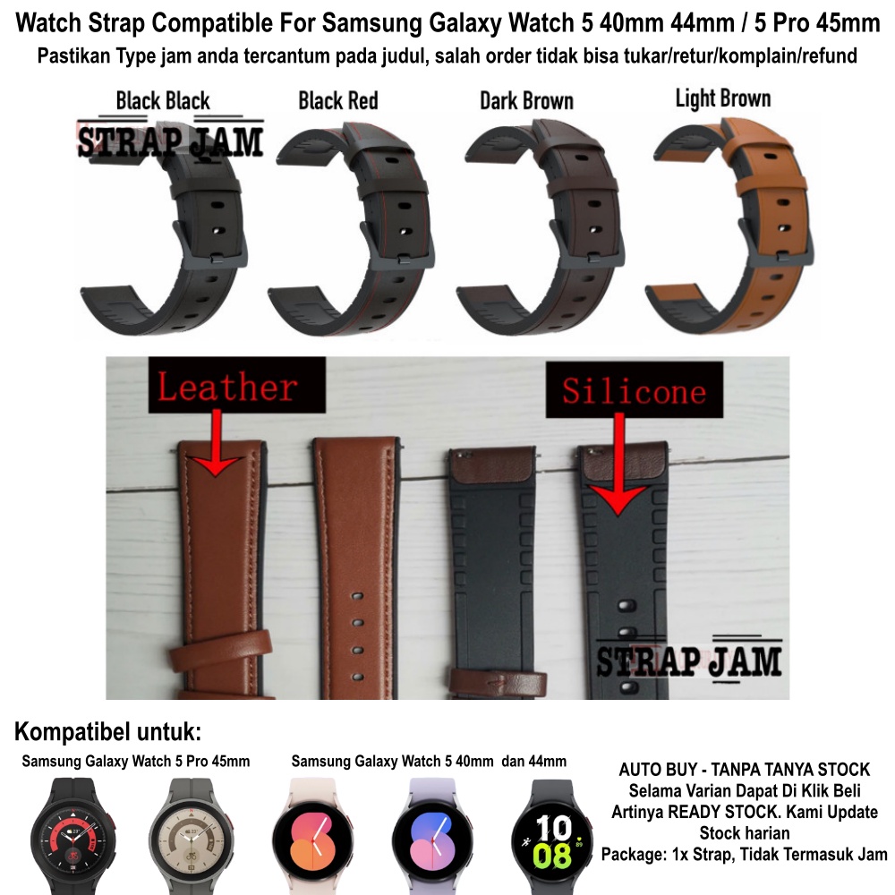 HYBRID Strap Samsung Galaxy Watch 5 40mm 44mm Pro 45mm - Tali Jam 20mm Leather Rubber Black Buckle