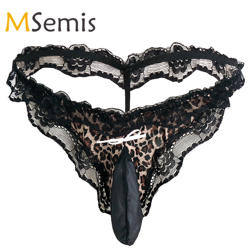 PREORDER Pria Kantong Pakaian Leopard Sissy Renda Beropol Mesh Terbuka Butt G-string Celana