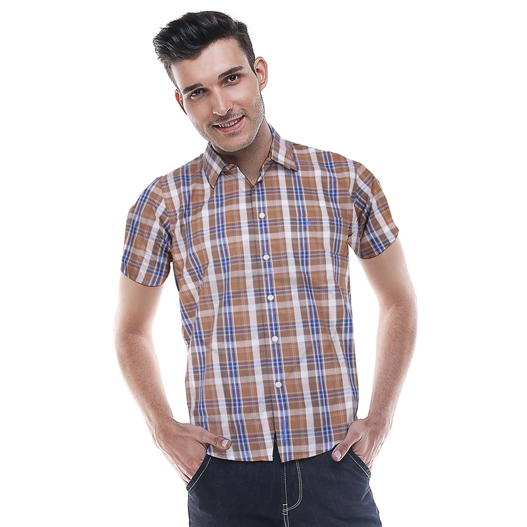 Johnwin - Kemeja Formal - Kemeja Pria - Kemeja Lengan Pendek - Coklat - Kotak-kotak - JFSH.650.W235.