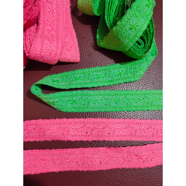 Renda bordir katun tengah hijau pink pita renda