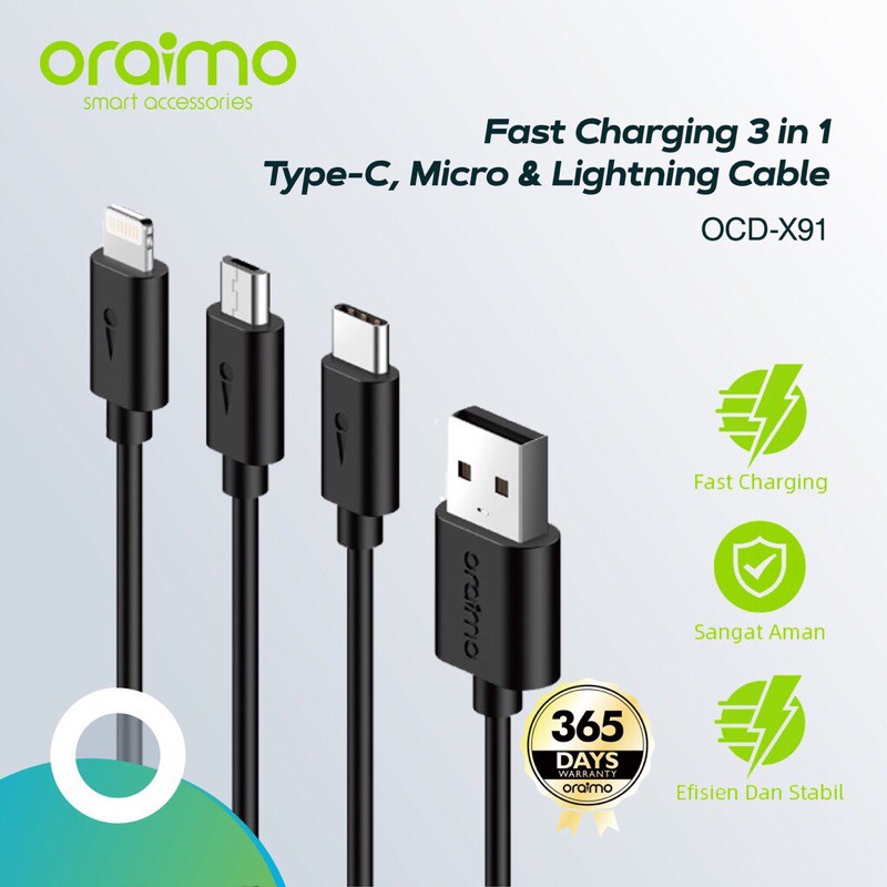 Oraimo OCD-X91 Duraline 3in1 Micro USB, Type-C &amp; Lightning Kabel Data Fast Charging - Garansi 1 Tahun