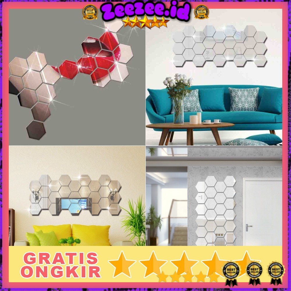 Sticker Dekorasi Dinding Hexagon Mirror Acrylic 7 PCS