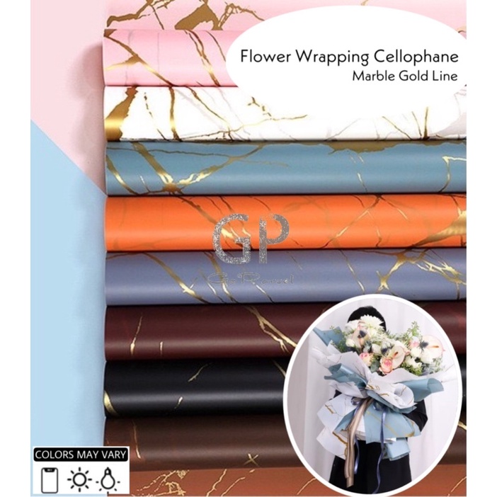 ( 5 Lembar ) MARBLE GOLD LINE - FLOWER WRAPPING KOREAN CELLOPHANE WATERPROOF - KERTAS KARANGAN BUNGA LIS LINE GARIS EMAS