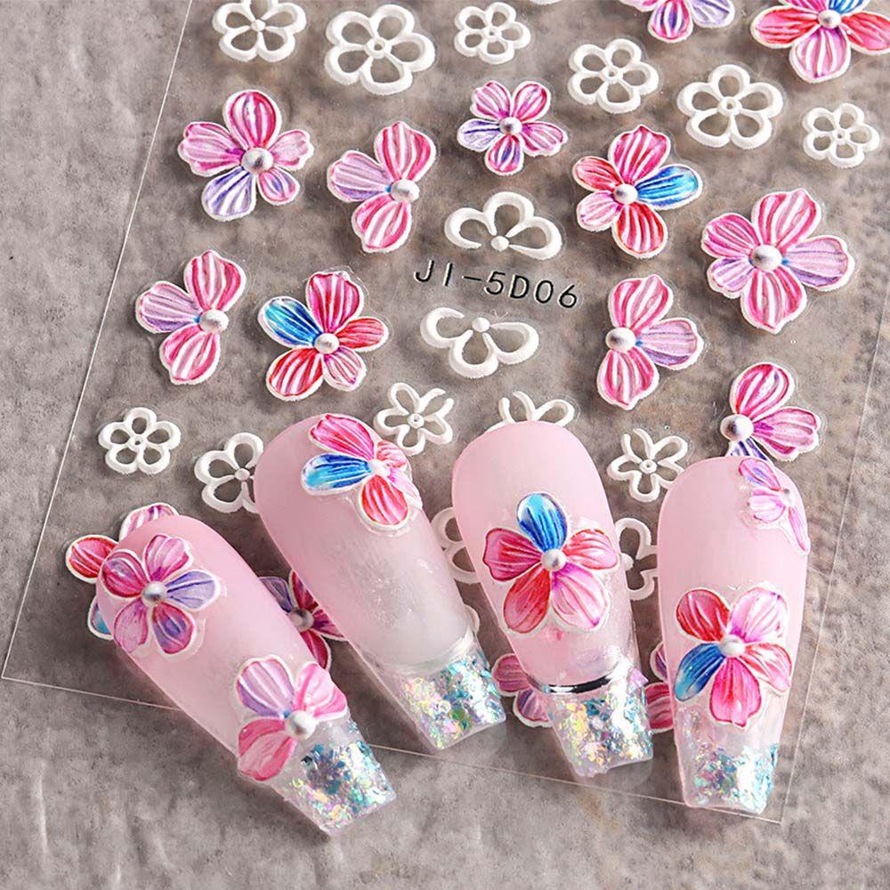 AUGUSTINA Agustina Bunga Stiker Kuku 5D Relief Alfabet Inggris Daun Self Adhesive Nail Art Dekorasi