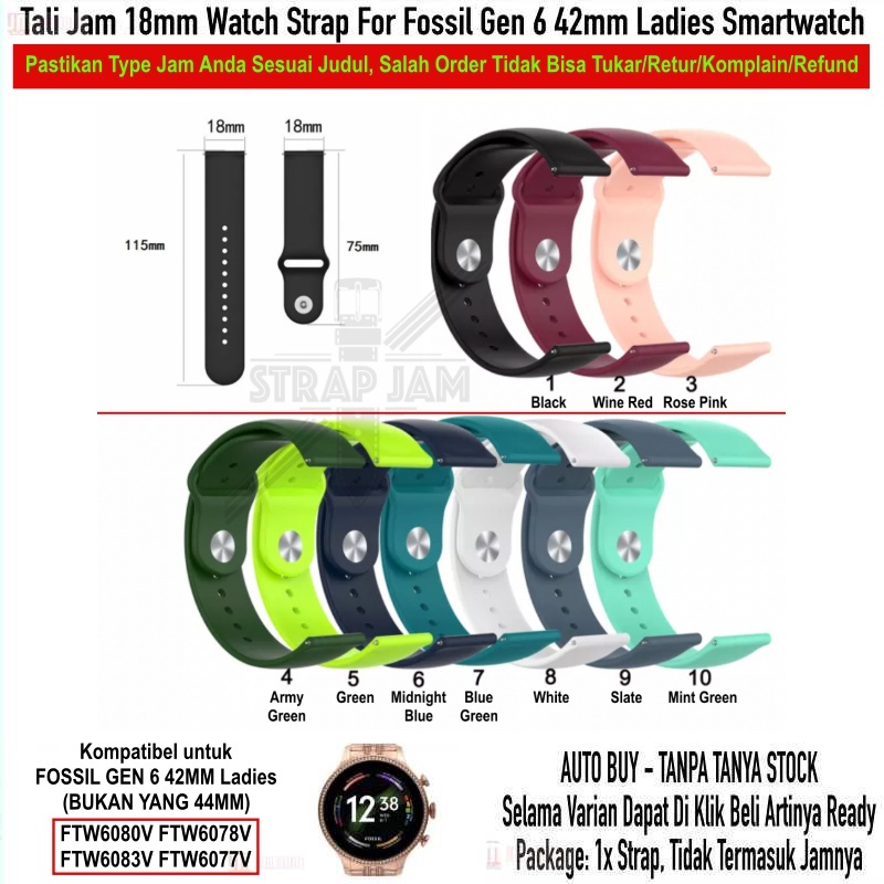 TNO Strap F0ssil Gen 6 42mm Ladies - Tali Jam Tangan 18mm Rubber Silikon Sporty Polos