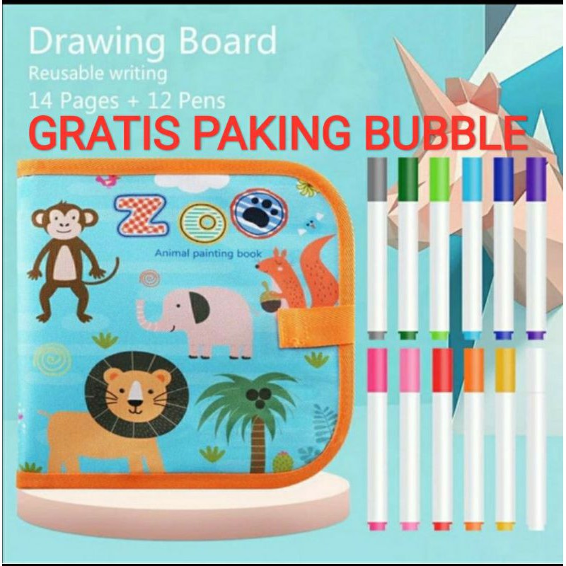 Reuseable Drawing Book / BUKU GAMBAR PORTABLE AJAIB BISA DIHAPUS 14 HALAMAN 12 PEN