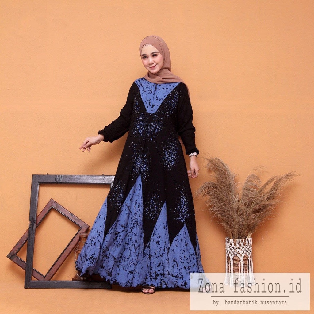 ZONA Baju Gamis Wanita Terbaru dress wanita Muslim Rayon Premium Gamis Bermotif Batik abstrak-Gunungan Biru