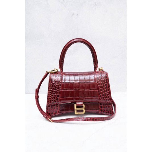 Balenciaga Hourglass Top Handle Bag S in Dark Red Shiny Croco GHW
