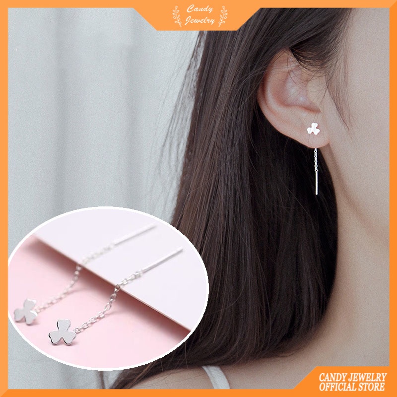 Anting Tusuk Gantung Sterling Silver 925 Desain Daun Clover + Rumbai Gaya Korea Untuk Wanita