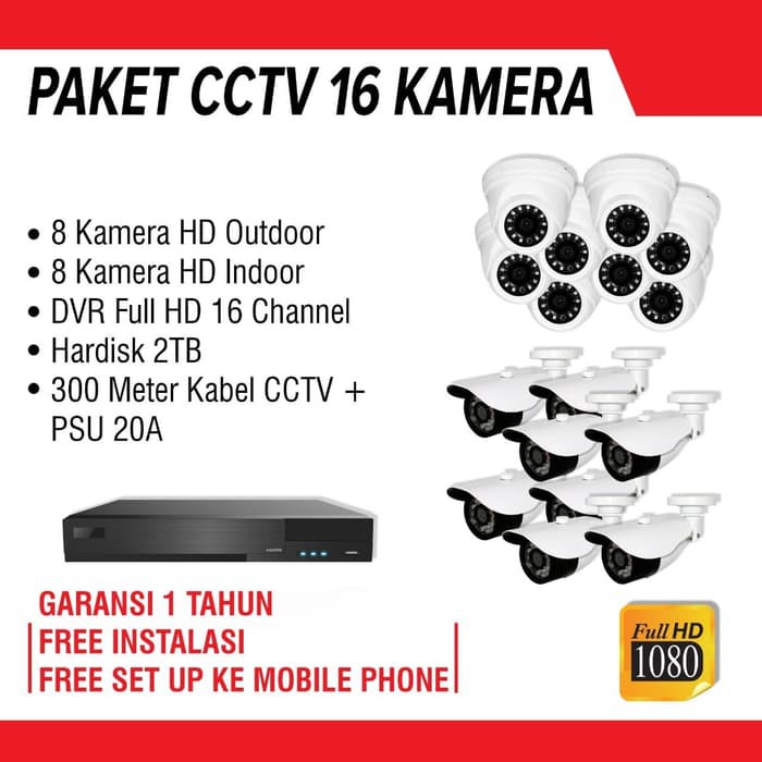 Paket Pemasangan CCTV 16 Kamera / DVR Full HD 16 Channel Sama Pasang