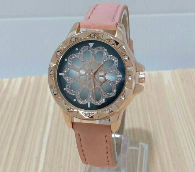 Jam Tangan Wanita Kulit Plat Bunga Diamond