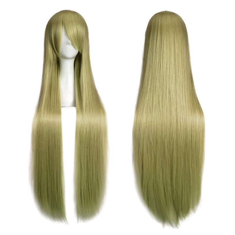 BS100-06 wig base ash green 100 cm lurus panjang rambut palsu cosplay