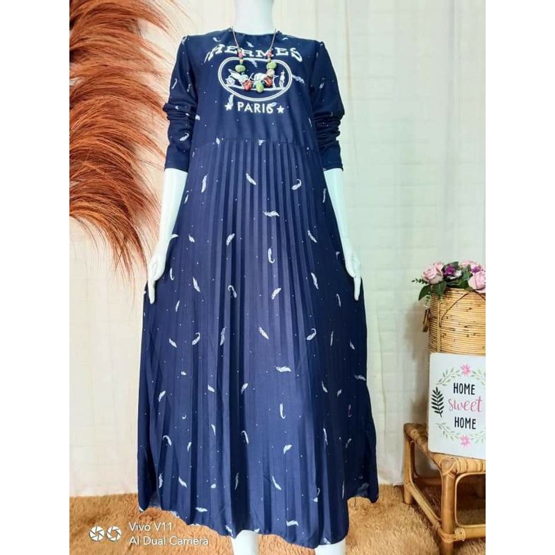 (BISA COD) Gamis Voxy Premium Motif Daun Plisket