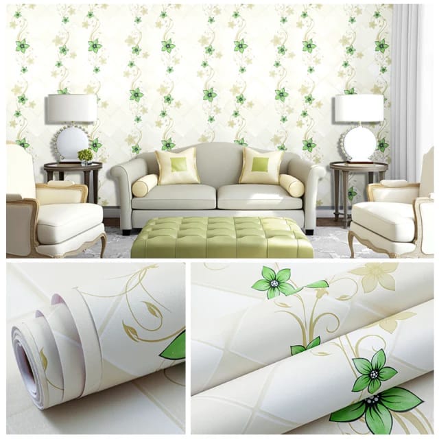 Wallpaper Dinding / Wallpaper Sticker BUNGA HIJAU KOTAK GOLD