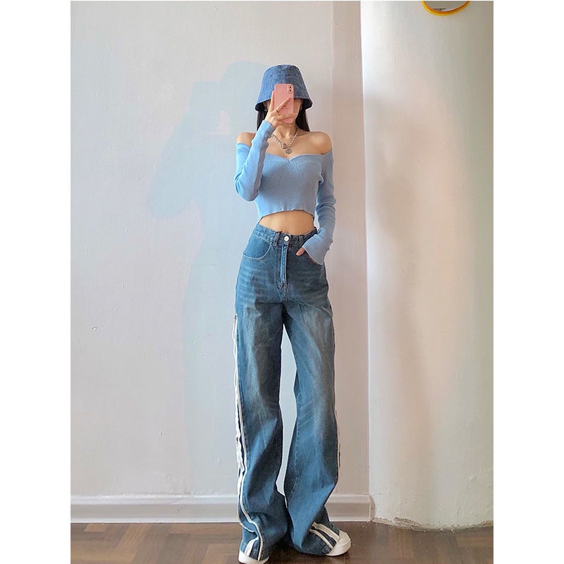 Suhao Double Side Zipper Wide Leg Jeans Celana Panjang Wanita Straight Trap Flared Pants Desain Sense Small High Street Pants