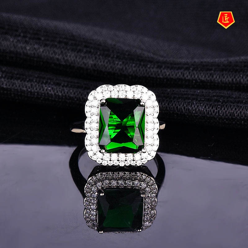 [Ready Stock]Luxury Elegant Inlaid Emerald Square Diamond Open Ring