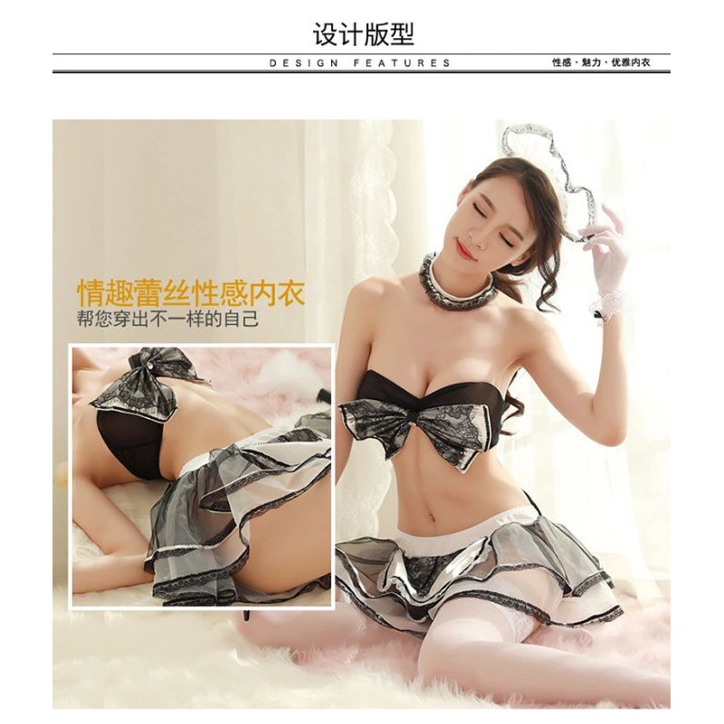 Cosplay Cute Sexy Maid Waitress Pelayan Set Lingerie Bra Rok Stocking Bando