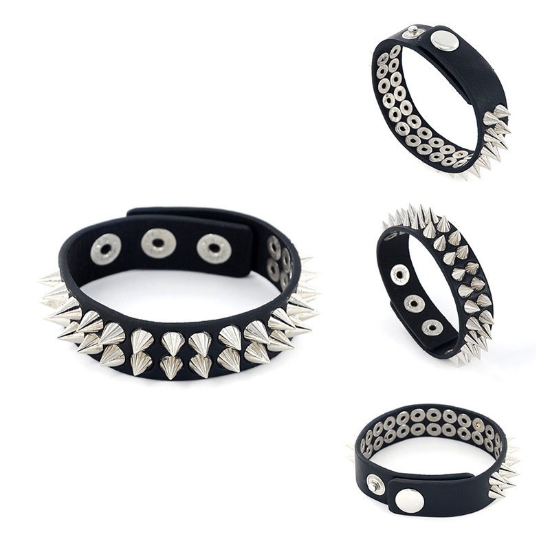 Fancyqube Gelang Bangles Bahan Kulit Warna Hitam Gaya Gothic Untuk Pria Dan Wanita