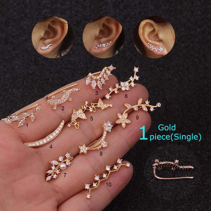 1piece Copper Zircon Ear Cartilage Tragus Lobe Piercing Crawlers Flower Leaf Gecko Earring