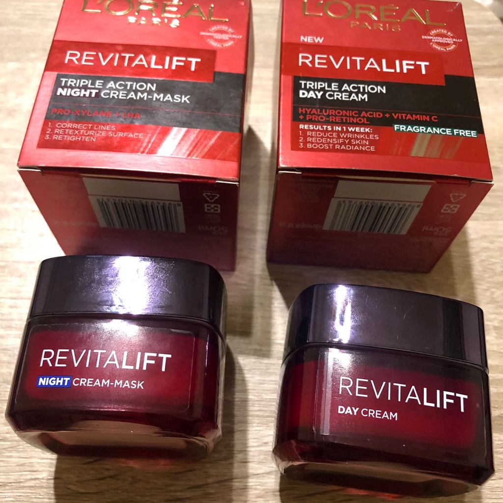 CREAM L'Oreal Paris Revitalift Triple Action Day &amp; Night Cream 50 ml - Skincare Retinol Anti Aging Moisturizer Pelembab Wajah Loreal Hyaluronic Acid - Krim Pagi / Siang SPF 35 dan Krim Malam