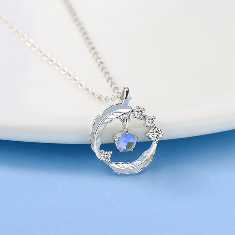 925 Sterling Silver Link Chain Moonstone Round Bead Feather Charm Necklace For Women Girls Jewelry Choker |Necklaces