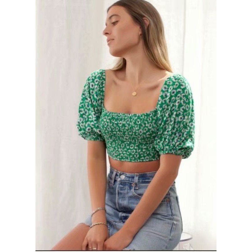 SALE - CROP TOP WANITA SQUARE NECK IMPORT MURAH 32139 / FLOWER CROP TOP