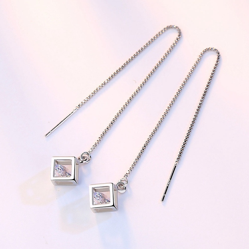 1Pair 925 Sterling Silver Earring Crystal Cube Shape Earrings