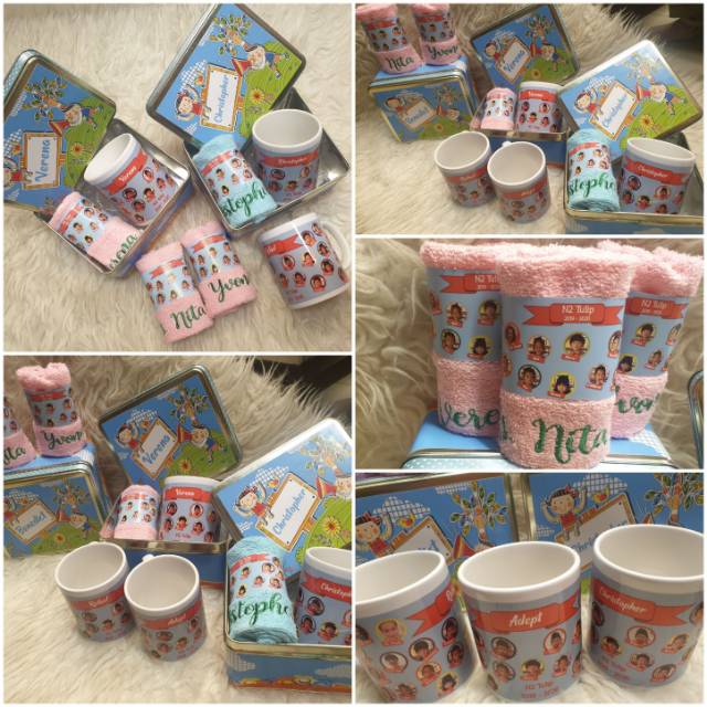 Souvenir kotak kaleng .mug .handuk label.bordir nama