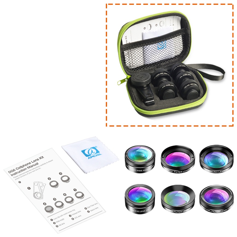 Apexel 6In1 Lensa Kamera Fish Eye / Makro / Wide Angle / CPL Filter Untuk iPhone / Xiaomi Mi9