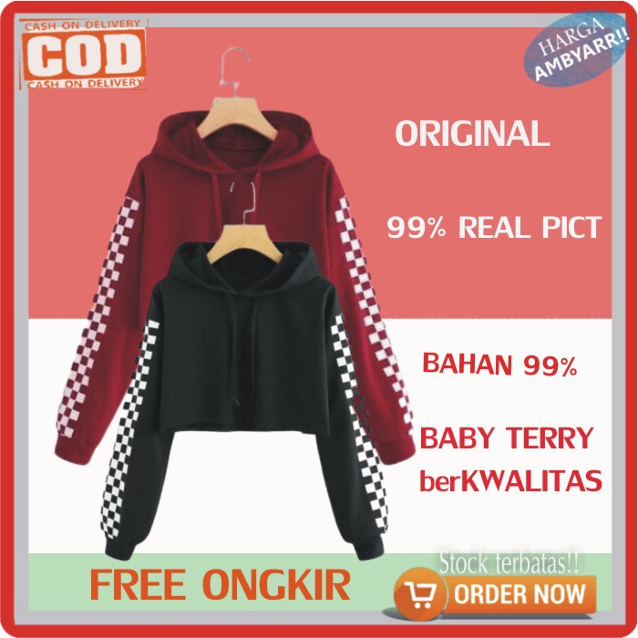 HOODIE SWEATER CROP JUMPER DISTRO CEWEK OUTER FASHION ALA KOREA ATASAN WANITA MOTIF CATUR a105