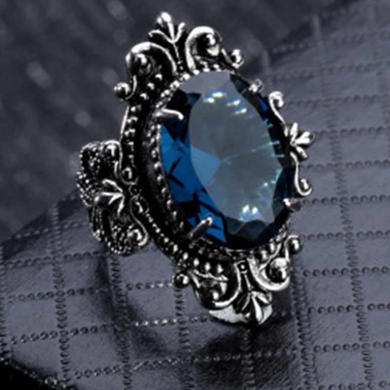 Cincin Silver Antik Hias Batu Topaz Biru Laut Bentuk Oval Bahan Stainless Untuk Aksesoris