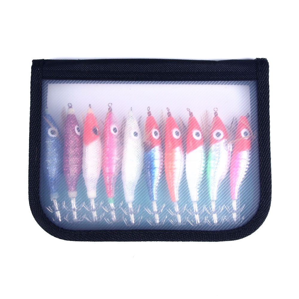 HENGJIA 10PCS/bag Fishing Lure Set 10CM 9G Squid Jigs Wooden Shrimp Artificial Fishing Lures Fishing Hooks