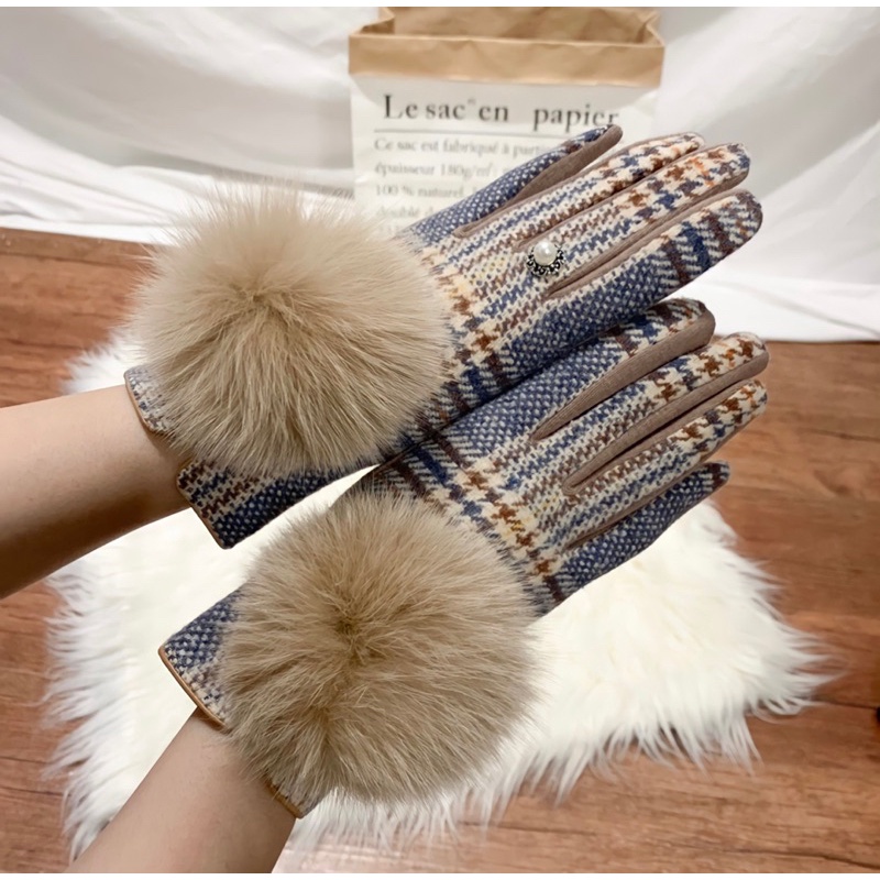 Sarung tangan winter wanita import fashion gloves hangat pompom berry houndstooth