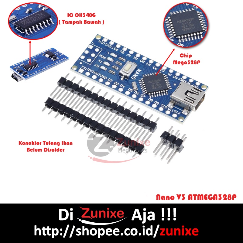 NANO V3 ATMEGA328P-PU 5V NANO ATMEGA328 TANPA KABEL DATA MINI USB COMPATIBLE