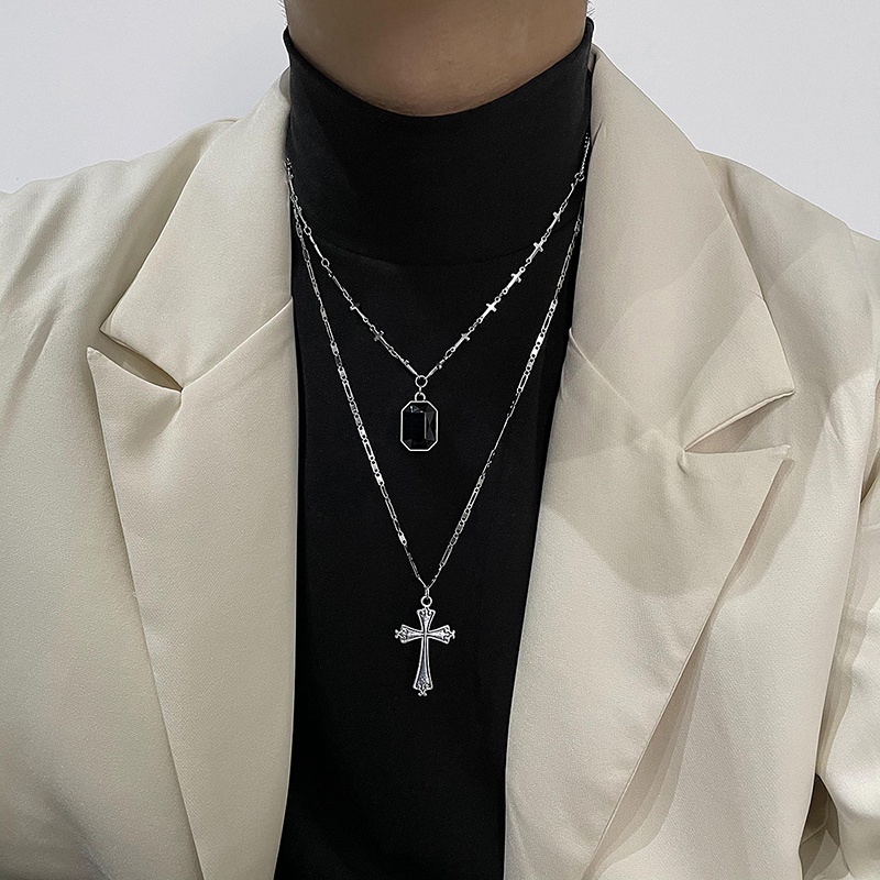 Black Diamond Cross Multilayer Necklace Accessories Stitching Clavicle Chain Personality Street Hip Hop