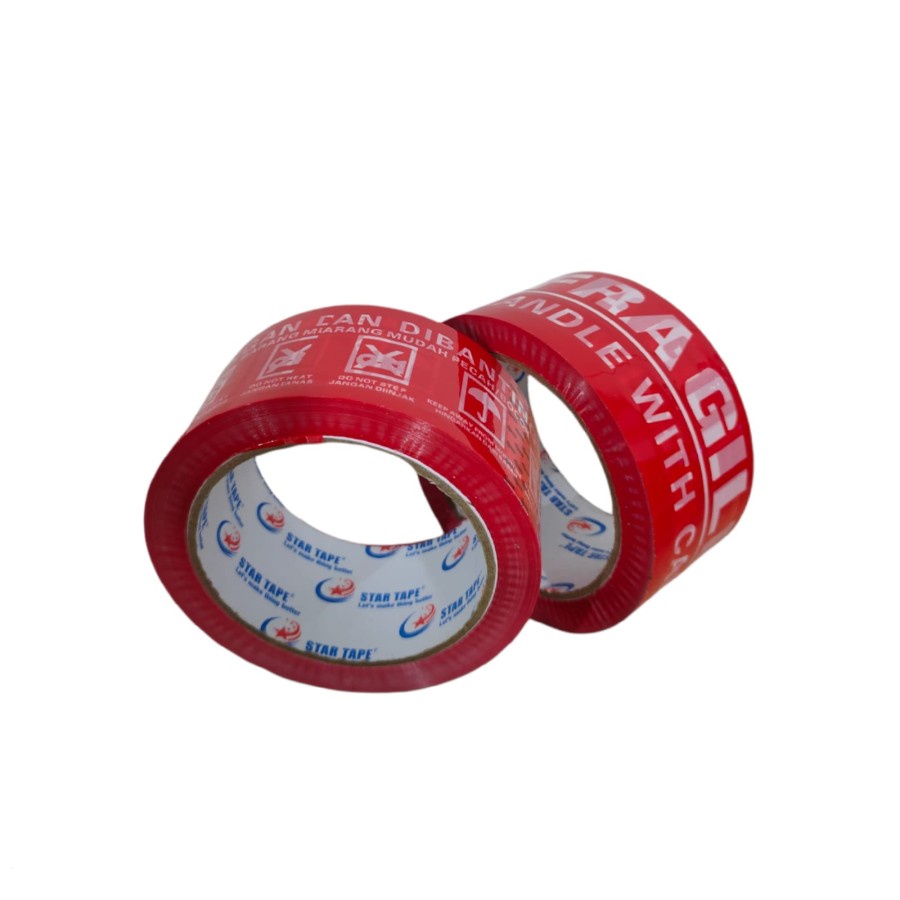 LAKBAN FRAGILE MERAH MERK STAR TAPE 2 INCH 48MM × 90 YARD TEBAL