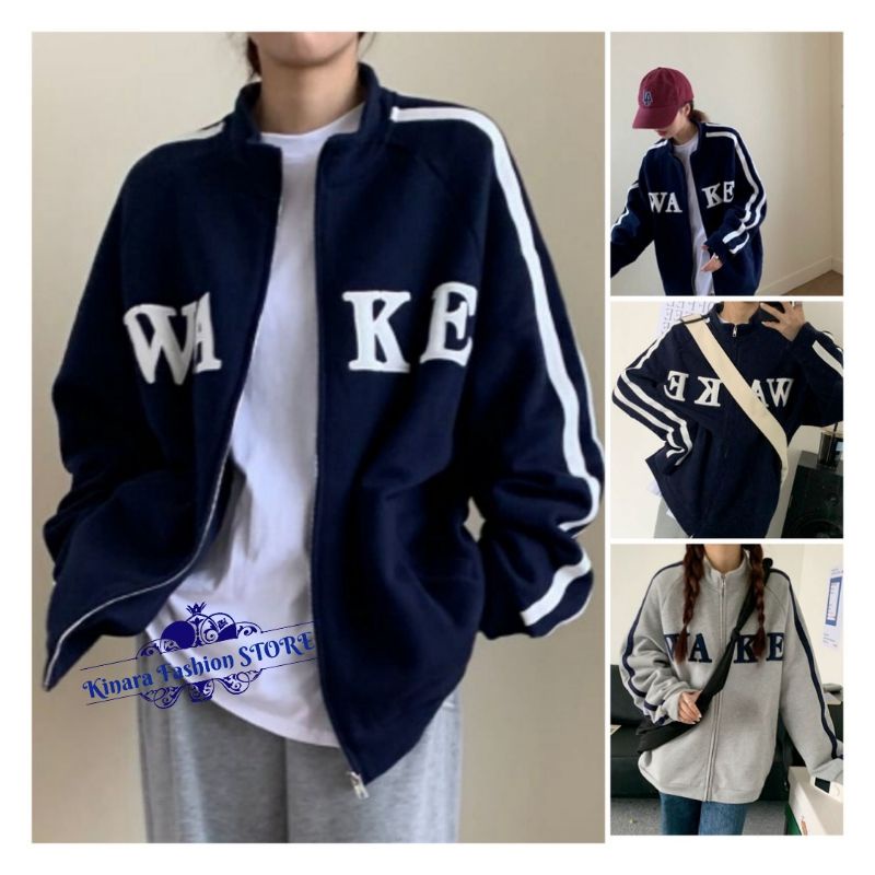 Jaket Sweater Cardigan Outer Zipper WA KE Pakaian Pria Wanita Korean style Size M L XL Bahan Fleece Lengan panjang bergaris