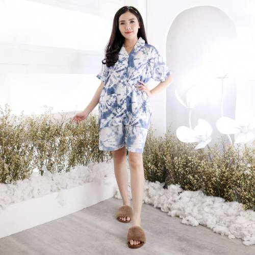 Setelan Piyama Wanita Pendek HP Satu Set Tie Dye Rosei Jumbo XXL Big Size Baju Tidur Wanita Cewek Casual Setelan Rayon One Set Cantik-LUCY NAVY