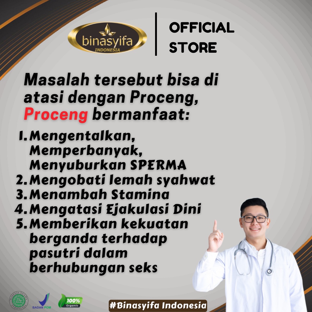 Proceng Promil Suami Obat Penambah Stamina Pria Dewasa Lemah Syahwat, Ejakulasi Dini, Impoten, Pengental Sperma, Penyubur Pria Ampuh Herbal Binasyifa Original BPOM-2