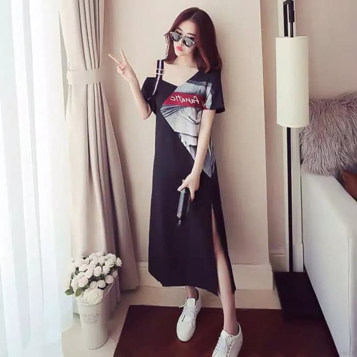 TBI Import Harajuku Asymmetric Off Shoulder Print Dress Kombinasi Kpop