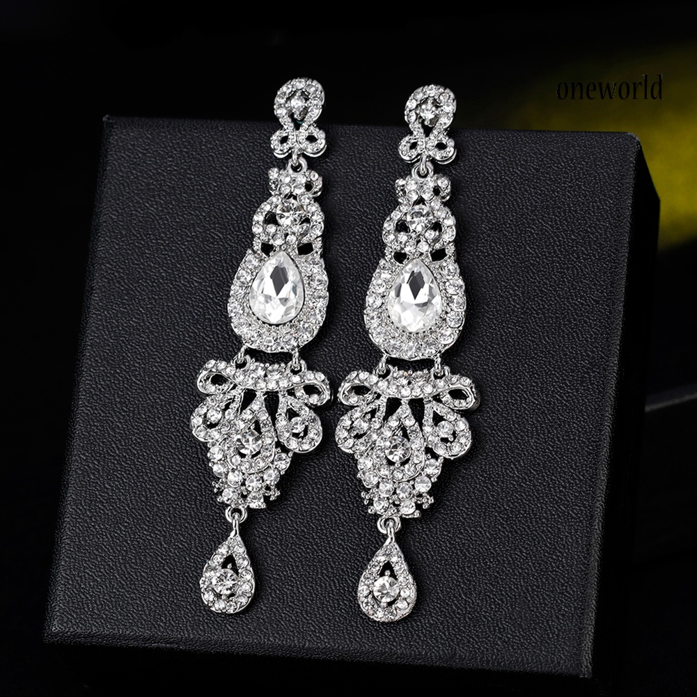 OW@ Women Retro Full Rhinestones Long Dangle Drop Chandelier Earrings Bridal Jewelry