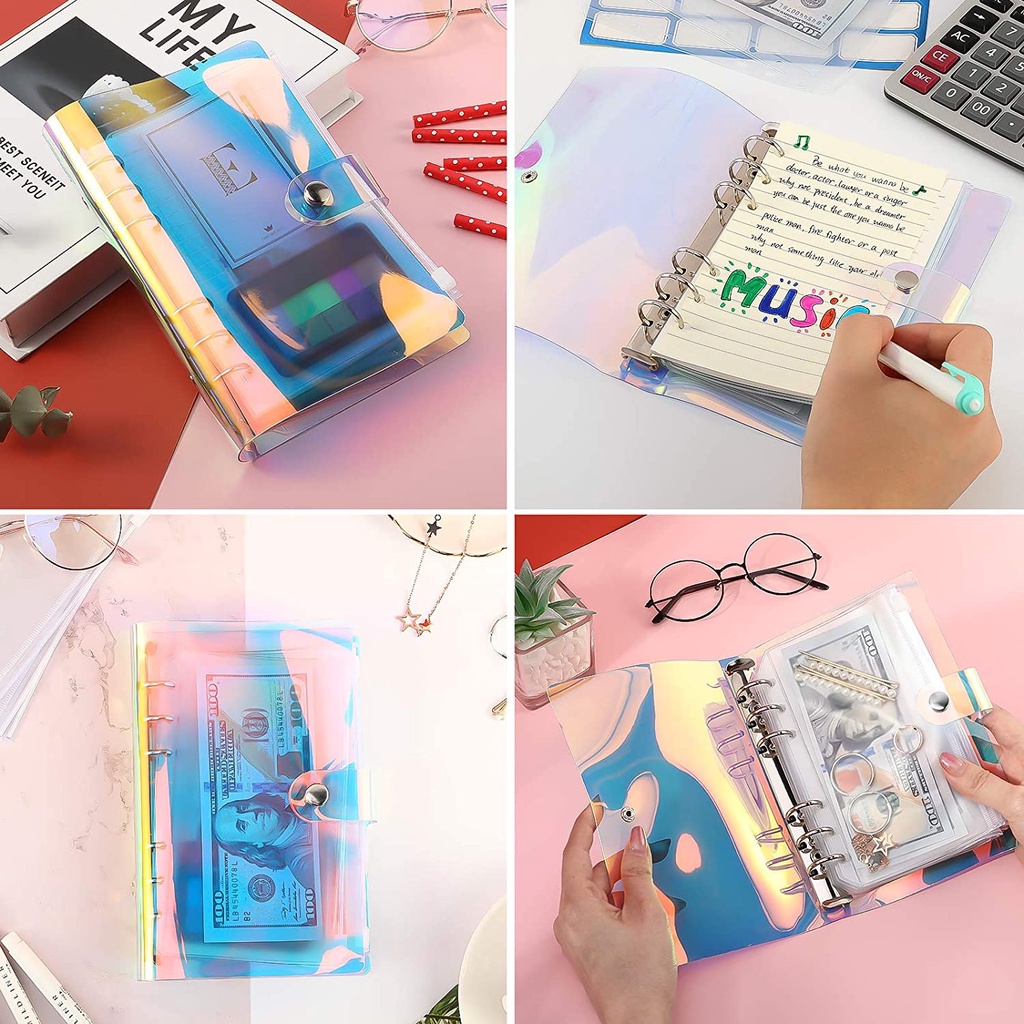 A6 Clear Soft PVC Notebook Binder Cover Planner 6-Ring Loose-Leaf Folder Cash Budget Envelope System with10 PCS Pockets