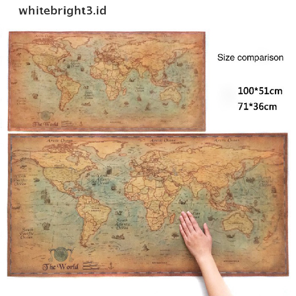 (whitebright3.id) Poster Peta Dunia Tua Ukuran 100x51cm Model Vintage / Retro Untuk Dekorasi Rumah