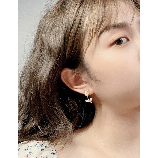 LRC Anting Tusuk Fashion Golden Rose Opal Alloy Hollow Earrings K49010