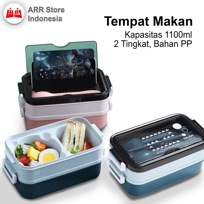 Tempat Kotak Bekal Makan Lunch Box Anak Plastik 1100 ml 2 Tingkat