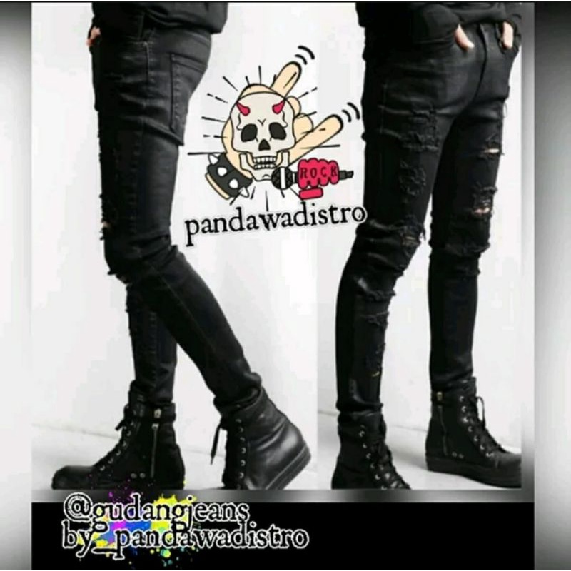 CELANA SOBEK PRIA RIPPED JEANS ROBEK HITAM SLIM FIT PREMIUM SKINNY STRETCH DENIM 27-38